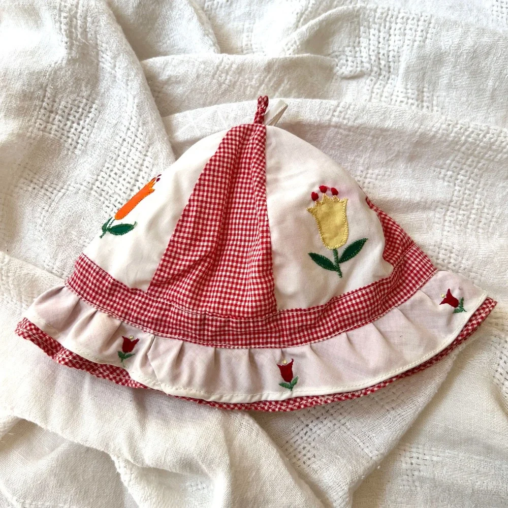 Vintage 80s Sea Gull Baby Sun Hat 3-6M Red Gingham Tulip Embroidered Ruffle